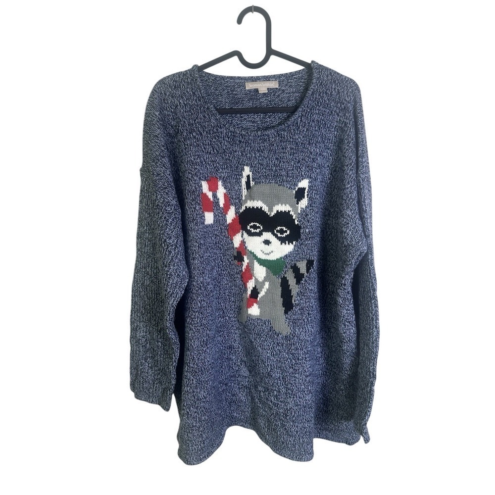 Woman Within Blue Marled Holiday Racoon Graphic Crew Long Sleeve Sweater L 18/20